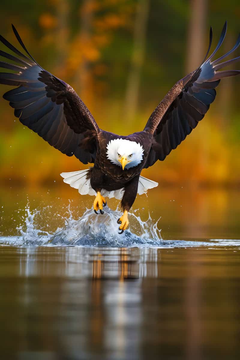 Bald eagle swooping down over water with autumn forest background.