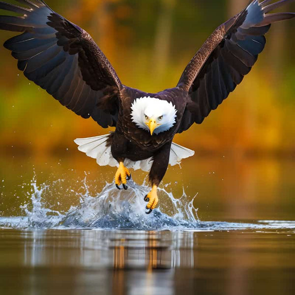 Bald eagle swooping down over water with autumn forest background.