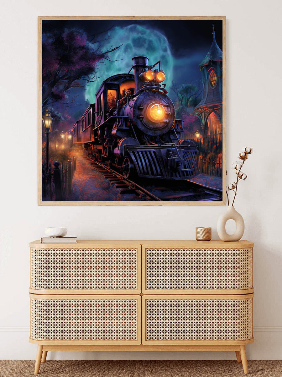 Paint by Numbers Ghost Train artwork displayed on a wall above a wicker storage unit, showcasing a mystical train scene at night.