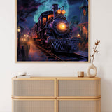 Paint by Numbers Ghost Train artwork displayed on a wall above a wicker storage unit, showcasing a mystical train scene at night.