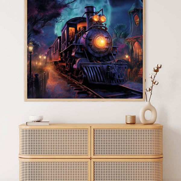 Paint by Numbers Ghost Train artwork displayed on a wall above a wicker storage unit, showcasing a mystical train scene at night.