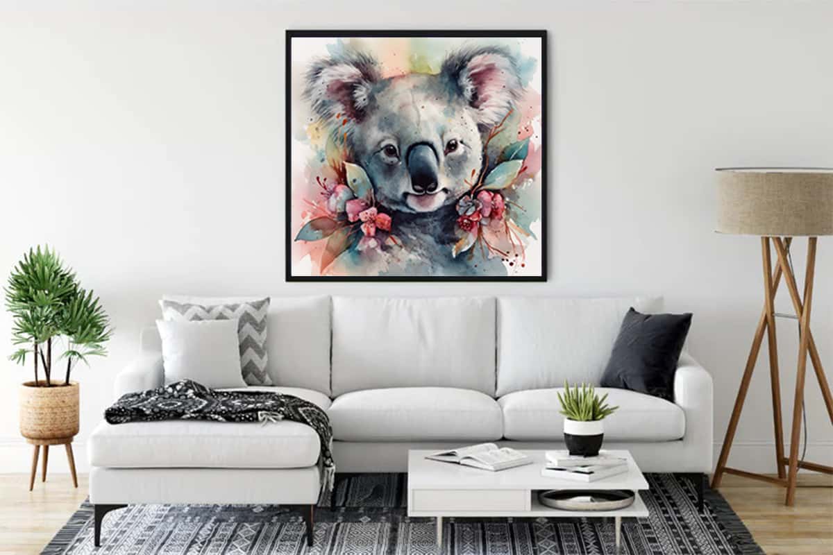 Framed Diamond Painting of a Cuddly Koala on a Living Room Wall, Paint by Numbers Art Decor