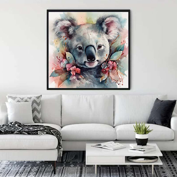 Framed Diamond Painting of a Cuddly Koala on a Living Room Wall, Paint by Numbers Art Decor