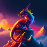 Dragon Warrior diamond painting design with vibrant colors on a mountain peak, part of a DIY Paint by Numbers kit with sparkling acrylic diamonds