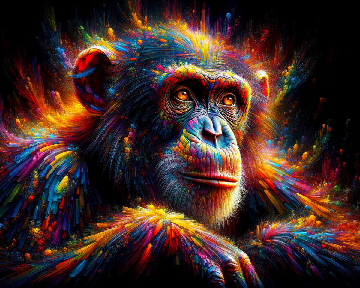 Paint by Numbers - Chimpanzee with colorful fur on dark background