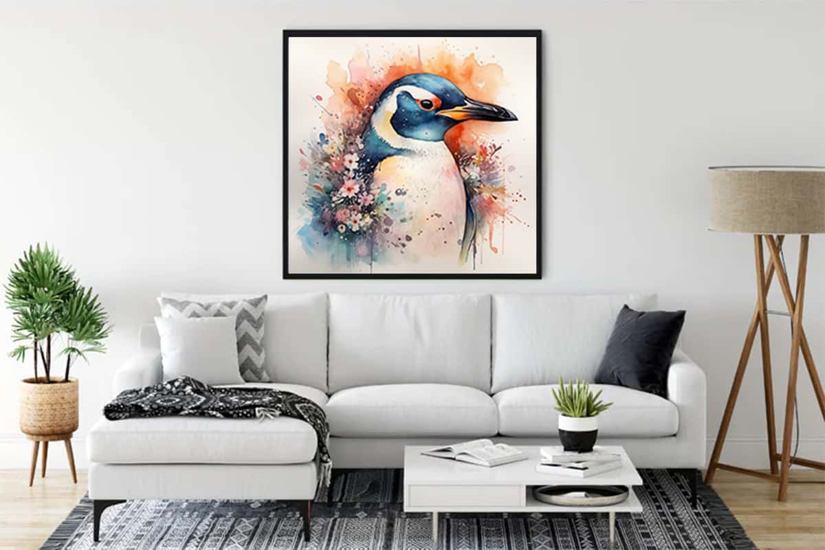 Diamond painting of a funny penguin hanging above a modern white sofa in a stylish living room, showcasing a cozy and inviting ambiance.
