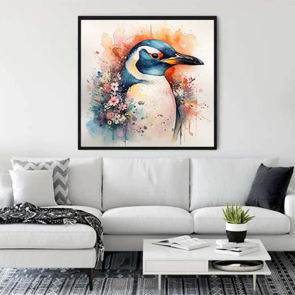 Diamond painting of a funny penguin hanging above a modern white sofa in a stylish living room, showcasing a cozy and inviting ambiance.