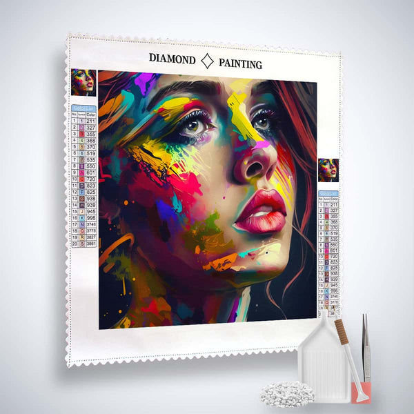 AB Diamond Painting Kit - Woman with Colors, Paint by Numbers Canvas with Enhanced Acrylic Diamonds, Fine Artist's Tweezers, and Application Pen