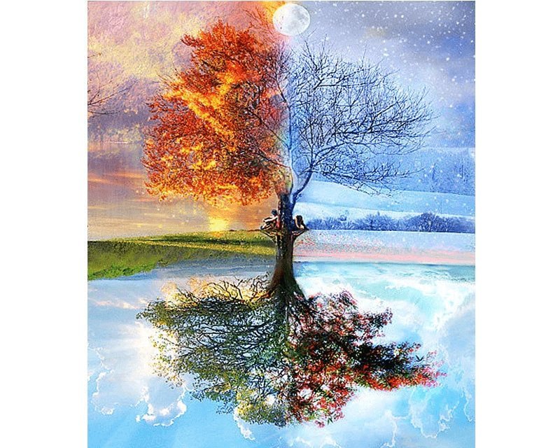 Baum, Jahreszeiten - Malen nach Zahlen - hochwertige Leinwand - Bestseller, einhorn, vertikal