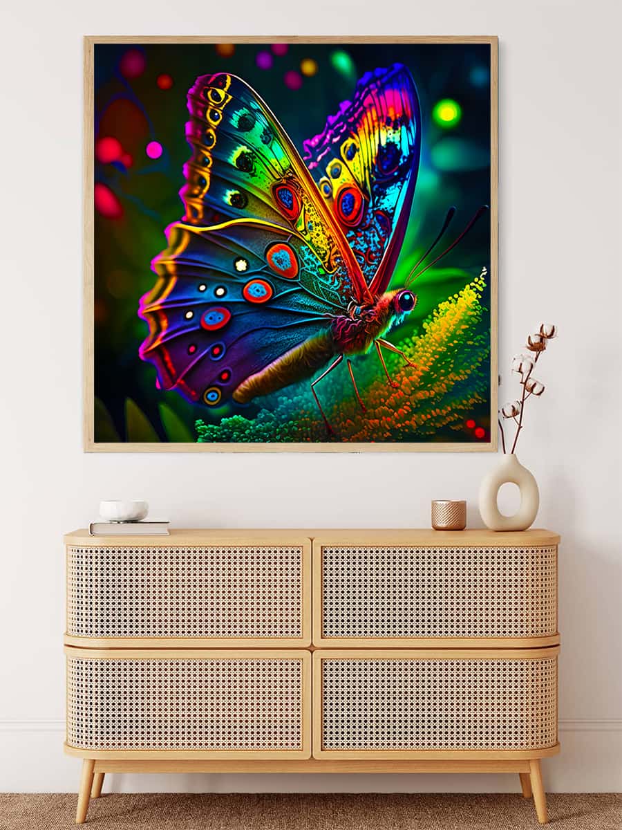 Radiant butterfly diamond painting kit displayed above a wooden dresser, showcasing vibrant colors and intricate details.