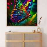 Radiant butterfly diamond painting kit displayed above a wooden dresser, showcasing vibrant colors and intricate details.