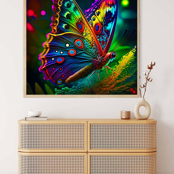 Radiant butterfly diamond painting kit displayed above a wooden dresser, showcasing vibrant colors and intricate details.