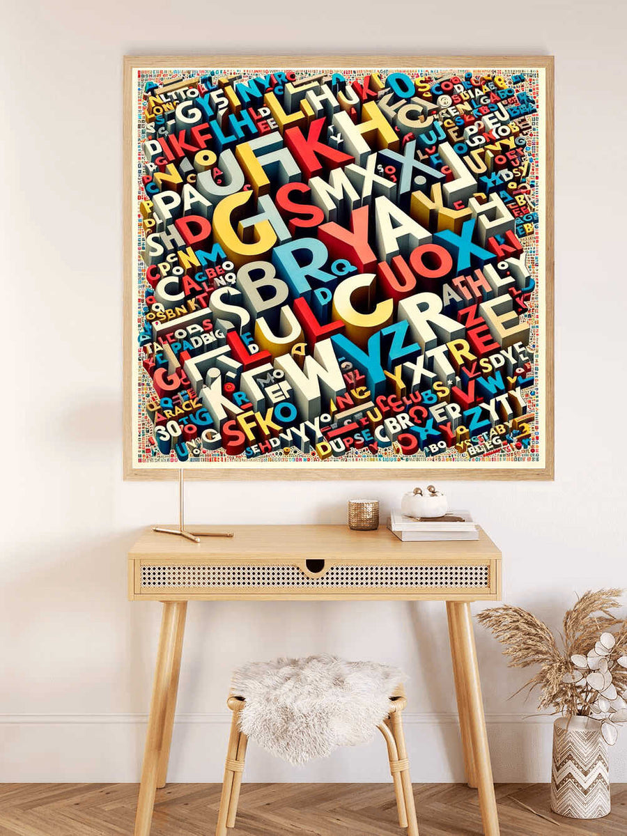 Paint by Numbers letter jungle artwork on wall above a wooden desk, showcasing a colorful jumble of letters in a dynamic 3D style.