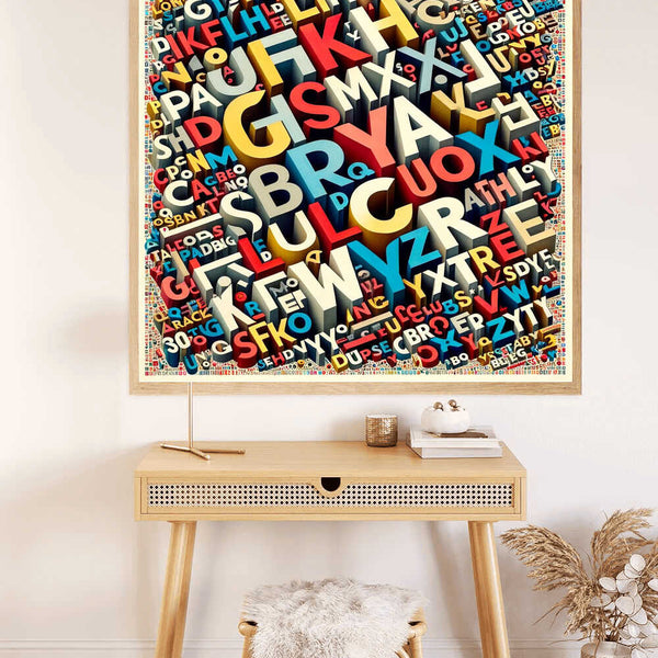 Paint by Numbers letter jungle artwork on wall above a wooden desk, showcasing a colorful jumble of letters in a dynamic 3D style.