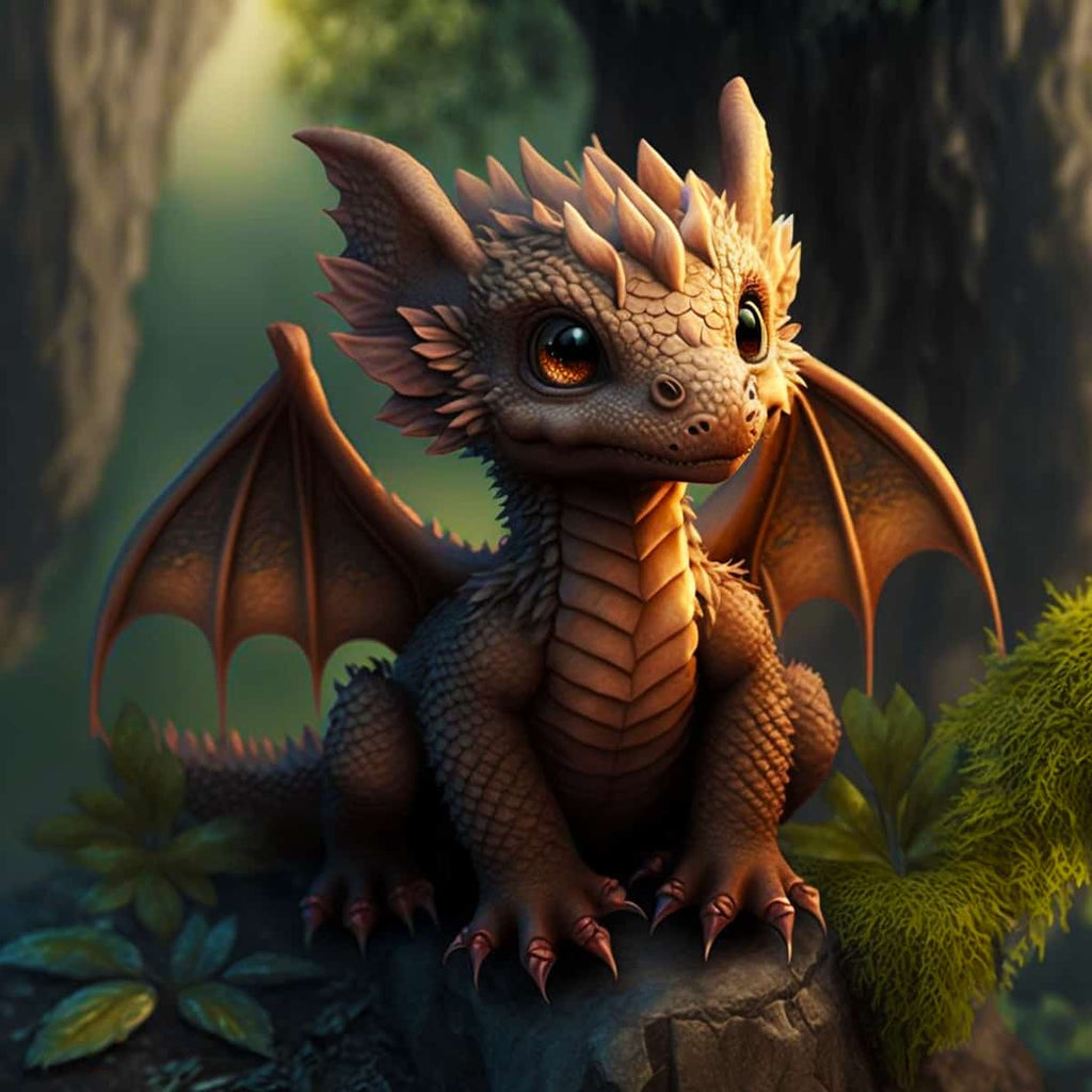 Adorable baby dragon with intricate scales sitting on rock in enchanted forest