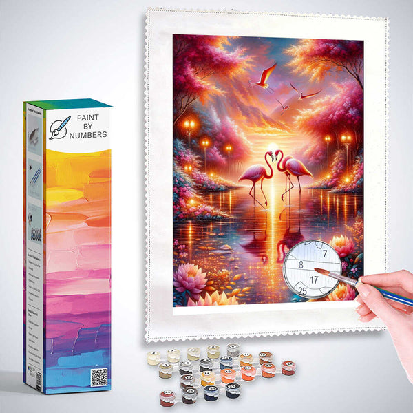 Pink flamingo, sunset - Paint by Numbers