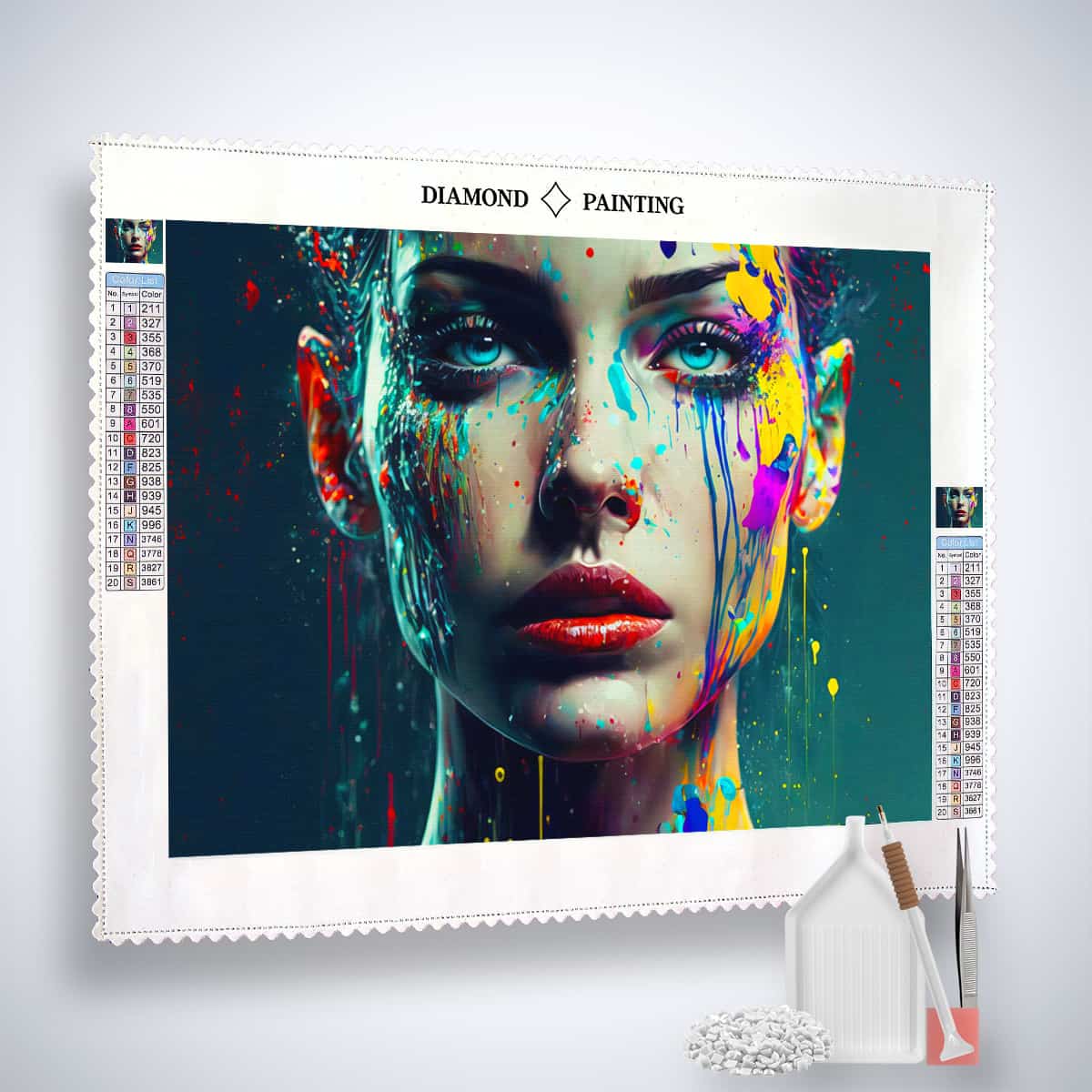 AB Diamond Painting kit "Mourning Rain" featuring a vibrant painted face, canvas, and painting tools included.
