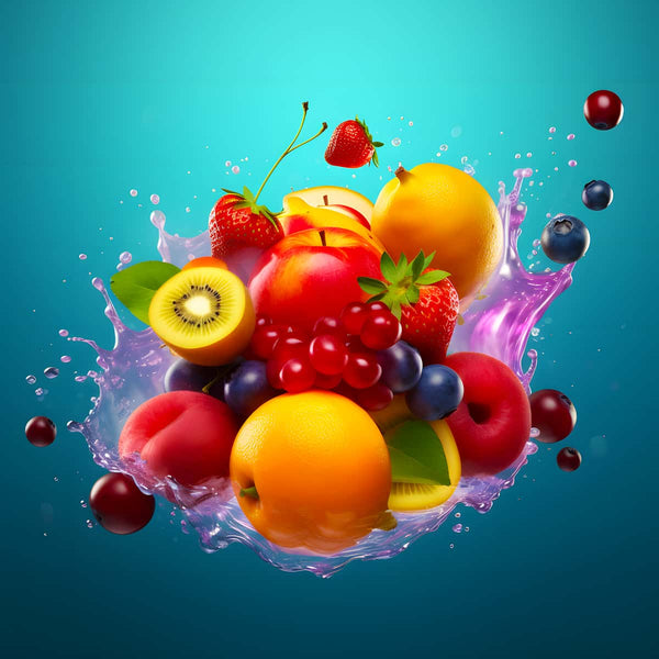 Vibrant fruit cocktail with strawberries, kiwis, oranges, berries, and splashing colorful juice on an aqua background.