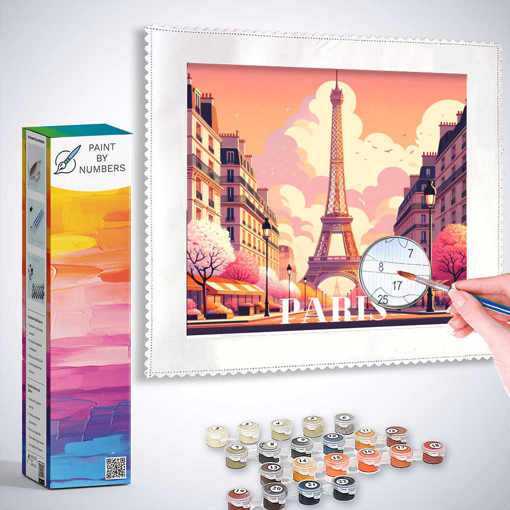 Paint by Numbers - Parisian Spring Dream kit with Eiffel Tower and vibrant pink and orange hues in a romantic springtime setting