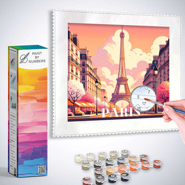 Paint by Numbers - Parisian Spring Dream kit with Eiffel Tower and vibrant pink and orange hues in a romantic springtime setting