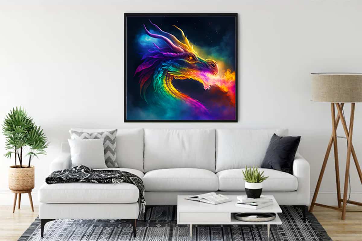 Vibrant Star Dragon Diamond Painting hung above a modern white couch in a stylish living room. Paint by Numbers art kit.