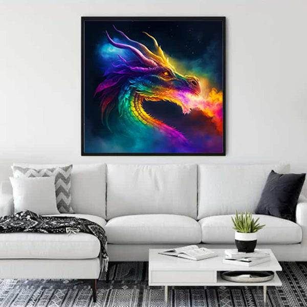 Vibrant Star Dragon Diamond Painting hung above a modern white couch in a stylish living room. Paint by Numbers art kit.