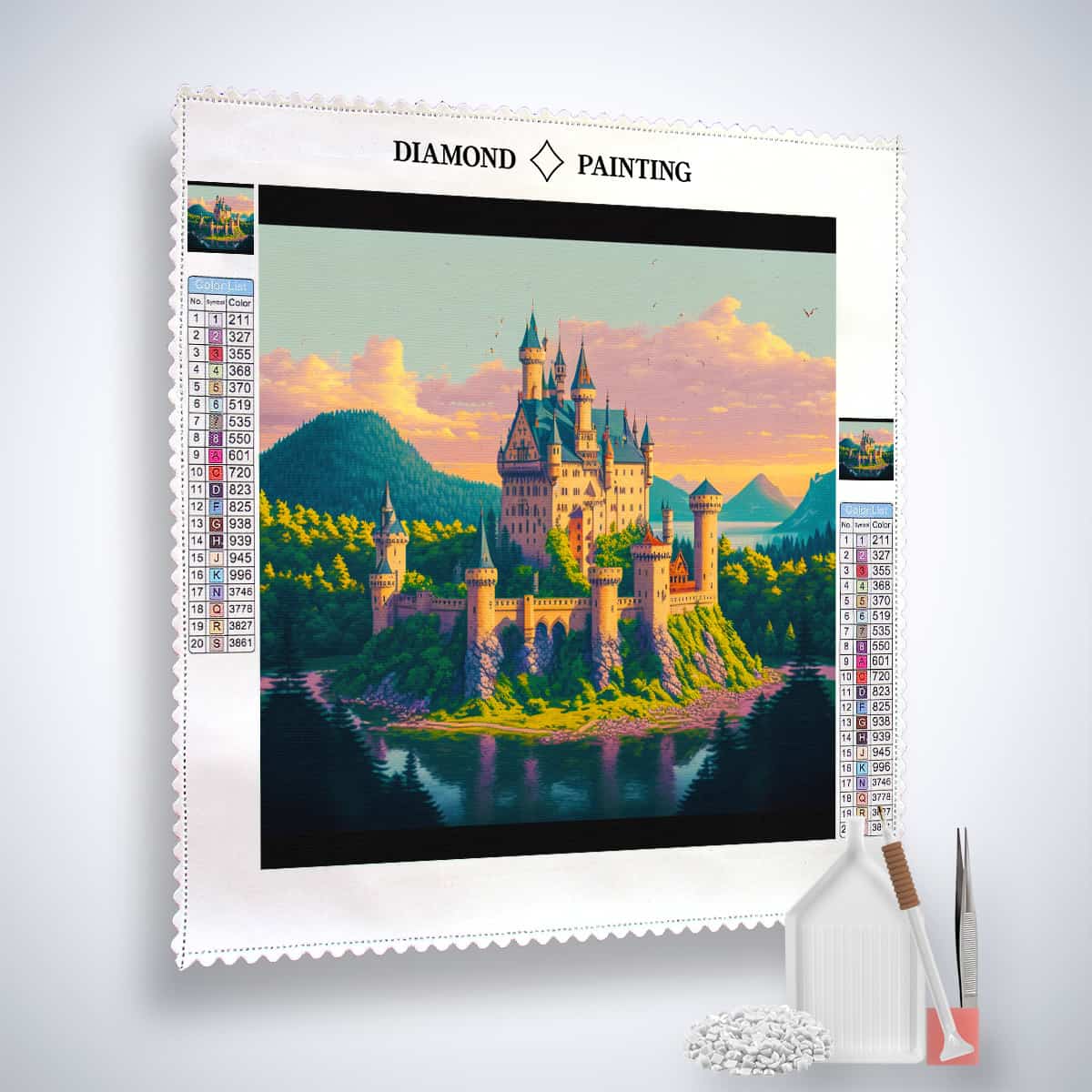 Diamond Painting Kit featuring a fairy tale castle design, complete with acrylic diamonds, professional canvas, tweezers, and application pen.