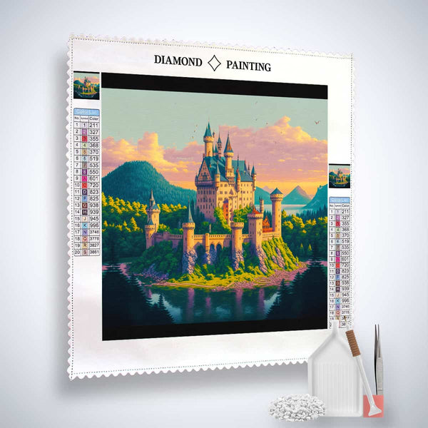 Diamond Painting Kit featuring a fairy tale castle design, complete with acrylic diamonds, professional canvas, tweezers, and application pen.