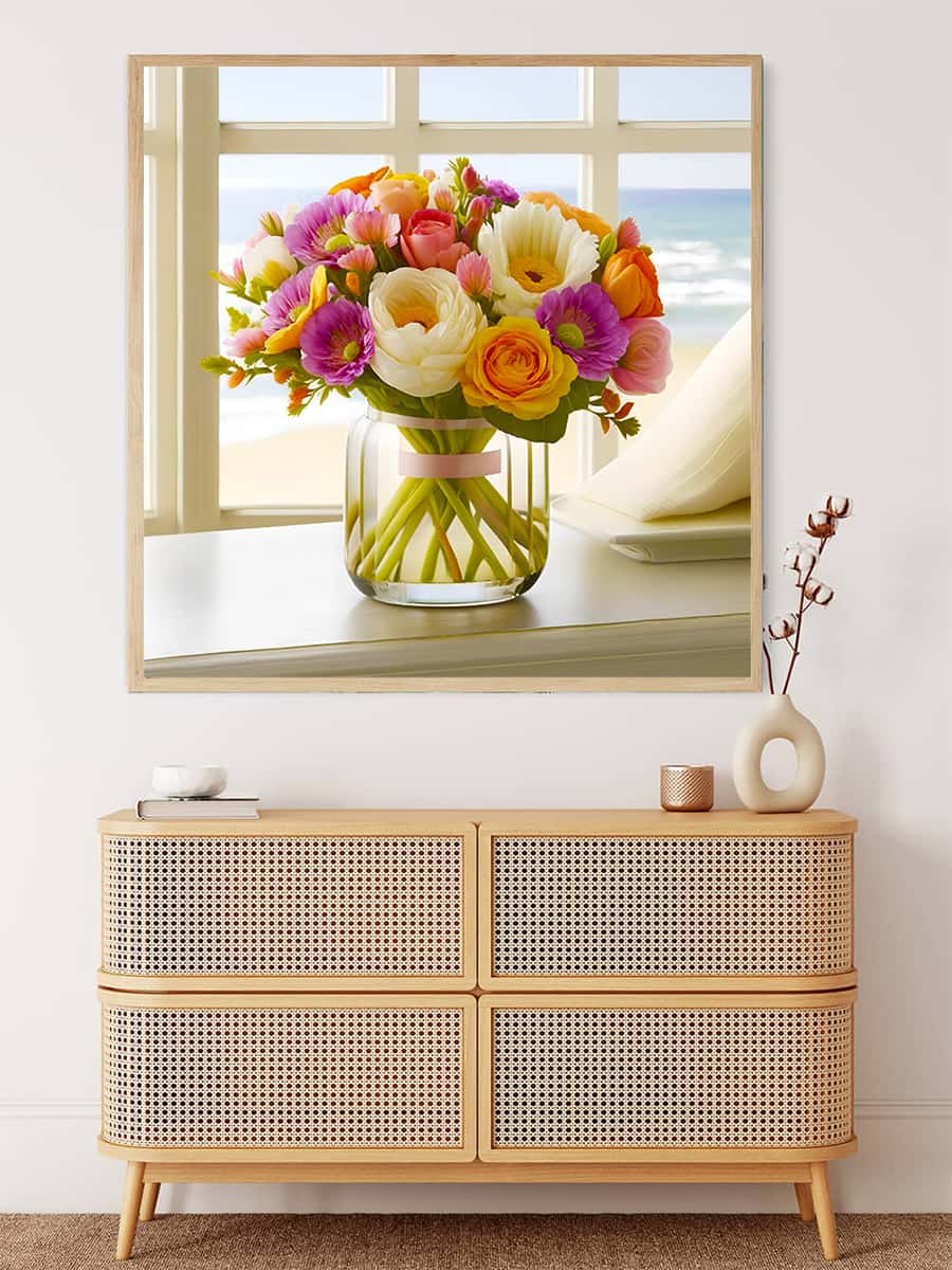 Diamond Painting Kit Flower Arrangement on the Beach - Paint by Numbers - Vibrant flowers in a vase with ocean view in background