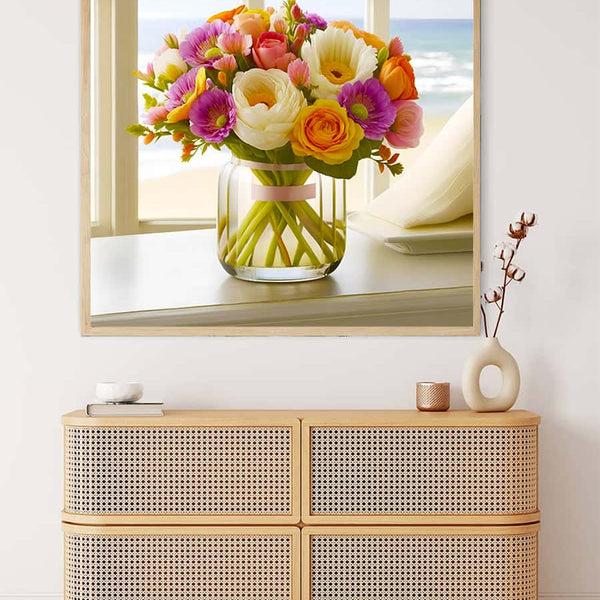 Diamond Painting Kit Flower Arrangement on the Beach - Paint by Numbers - Vibrant flowers in a vase with ocean view in background