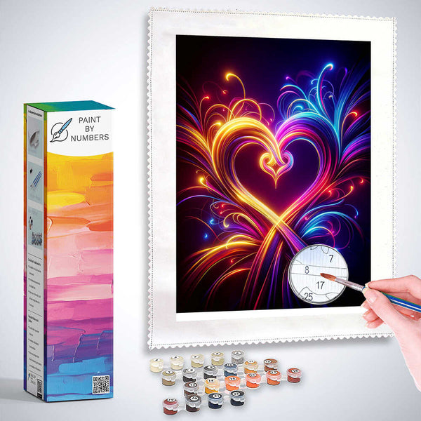 Neon double hearts painting kit with vibrant colors, featuring "Intertwined Hearts in Neon Light" and paint by numbers supplies.