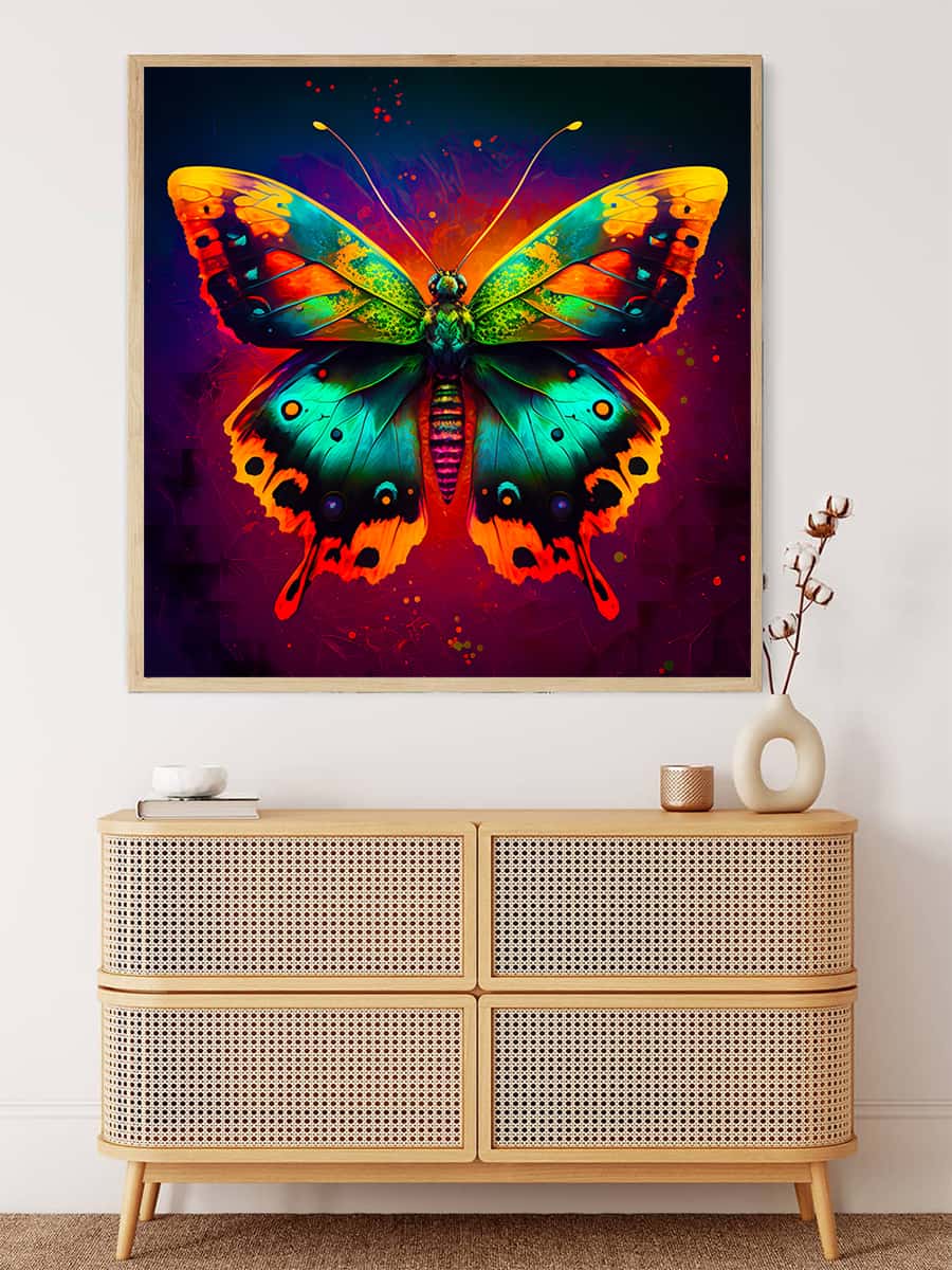 Colorful Diamond Painting of Butterfly Red on wall above modern wicker dresser