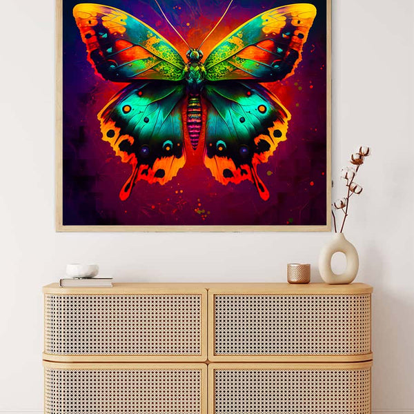 Colorful Diamond Painting of Butterfly Red on wall above modern wicker dresser