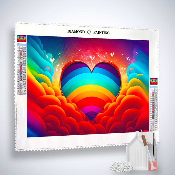 AB Diamond Painting - Heart Colorful, rainbow heart design with vibrant background, Paint by Numbers kit with acrylic diamonds and tools.