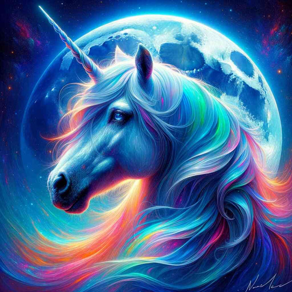 Paint by Numbers - Cosmic Unicorn with vibrant blue, pink, and white colors against a moonlit galaxy background, symbolizing purity and magic