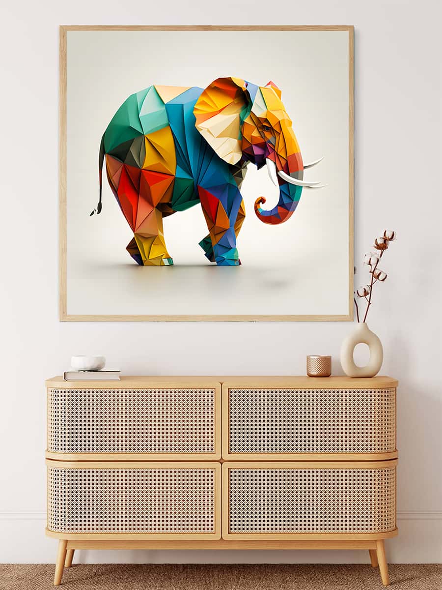Colorful Elephant Diamond Painting on Canvas - Paint by Numbers Kit Displayed Above Wooden Cabinet