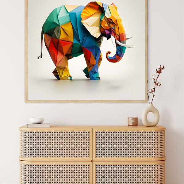 Colorful Elephant Diamond Painting on Canvas - Paint by Numbers Kit Displayed Above Wooden Cabinet