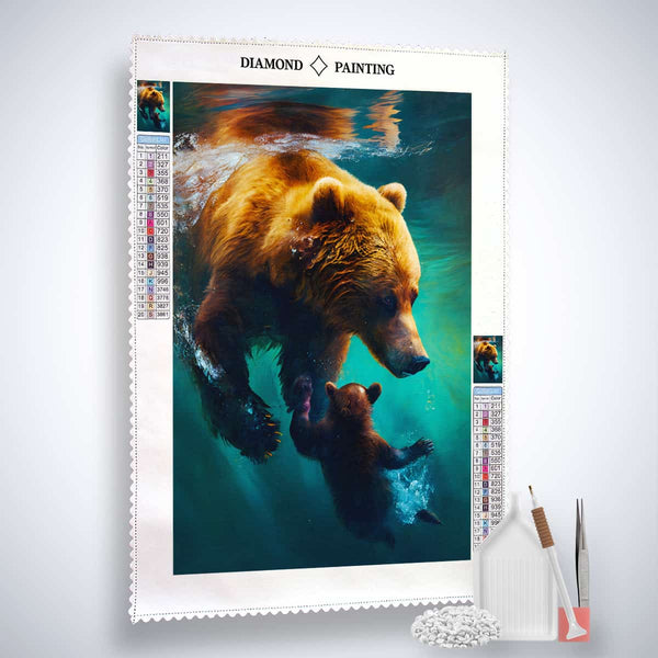 Diamond Painting - Mother bear with child, Paint by Numbers kit showing bears swimming underwater with included professional tools.