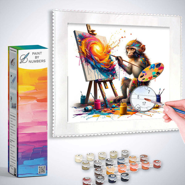 Paint by Numbers kit featuring a playful monkey painting a bright, colorful masterpiece with included paint and tools
