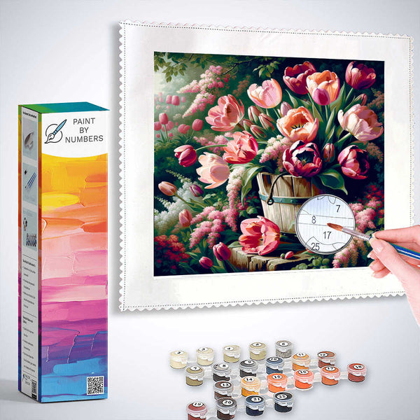 Paint by Numbers - Pink Tulips Bouquet in Bucket