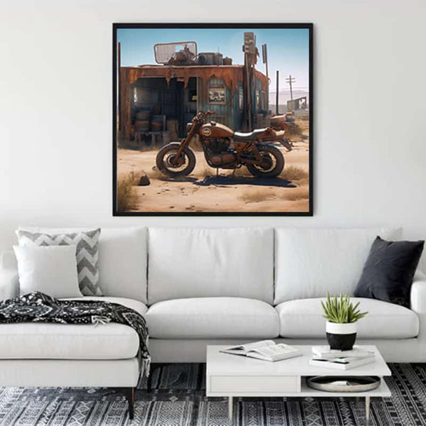 Living room with a framed diamond painting of an offroad motorcycle and rustic shack on white wall above a white sofa.