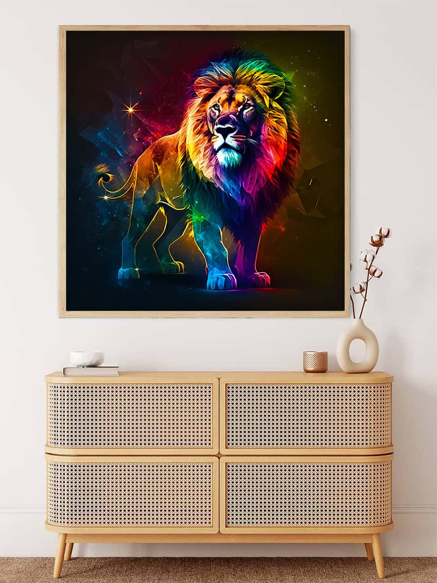 Neon lion diamond painting kit on canvas displayed above a wooden dresser; Paint by Numbers art that sparkles