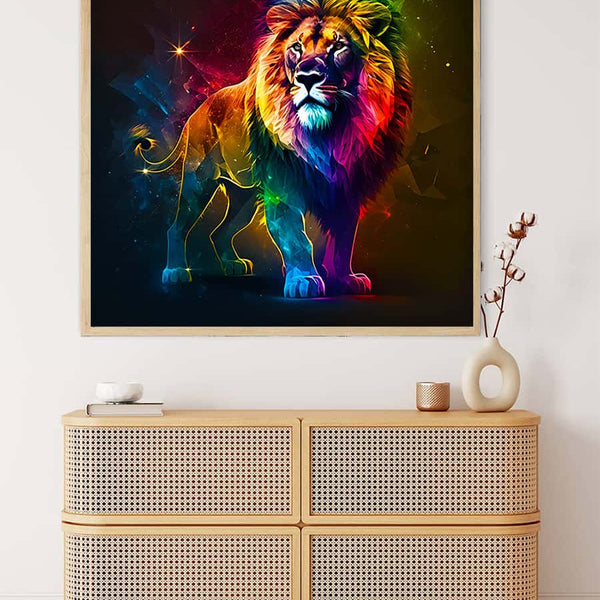 Neon lion diamond painting kit on canvas displayed above a wooden dresser; Paint by Numbers art that sparkles