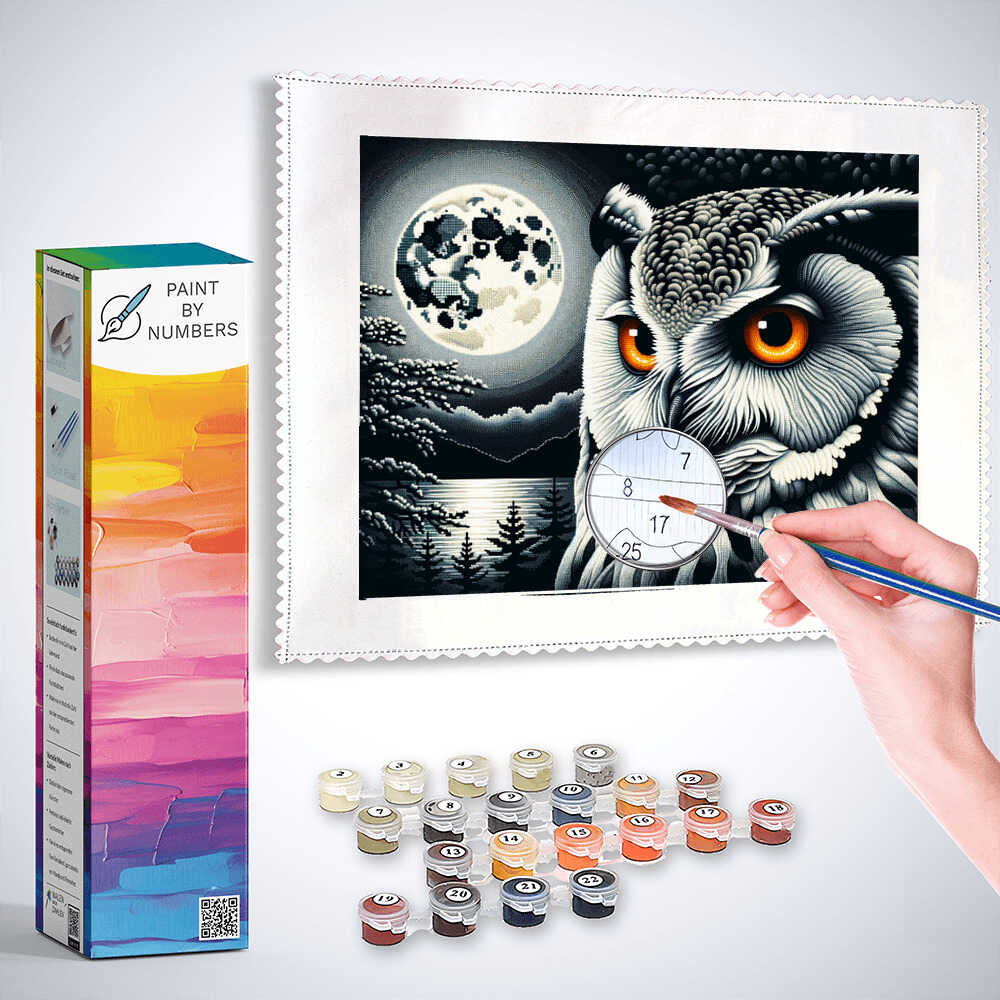 Paint by Numbers - Owl portrait, black and white