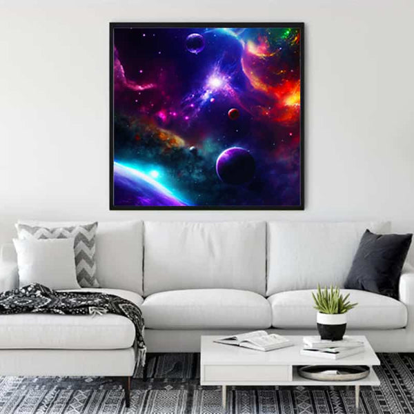 Diamond Painting Universe Exploration displayed above a modern white sofa in a contemporary living room. Paint by Numbers art.