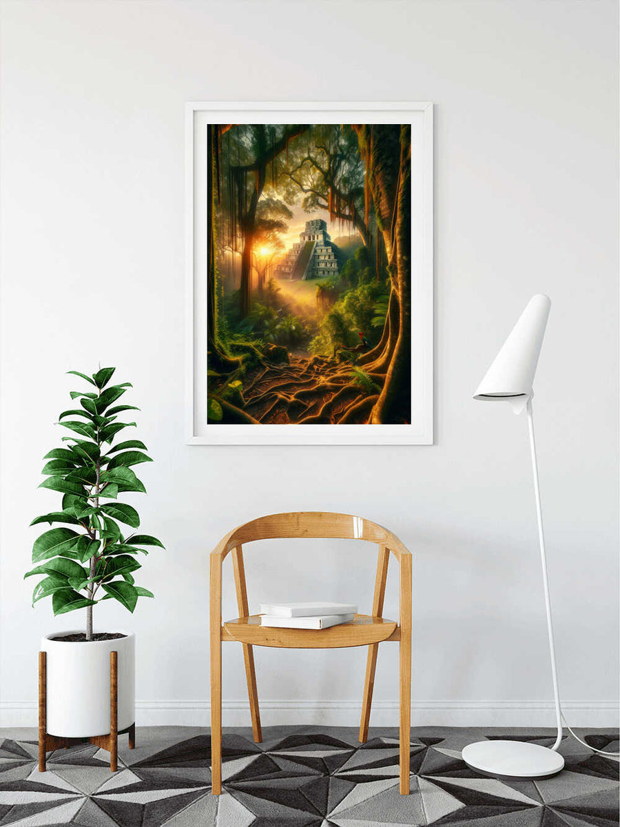 Paint by Numbers - Maya Temple framed artwork hung on a modern wall above a wooden chair, with a potted plant and floor lamp nearby