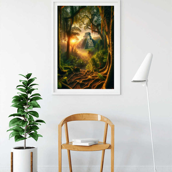 Paint by Numbers - Maya Temple framed artwork hung on a modern wall above a wooden chair, with a potted plant and floor lamp nearby