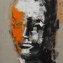 Abstract minimalist portrait with orange and black brush strokes.