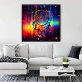 Diamond Painting - Dream Catcher Blurred framed artwork hanging in a modern living room, enhancing home decor with vibrant colors.