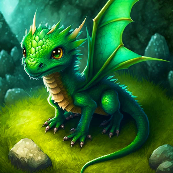 Green baby dragon with vibrant wings sitting on grass surrounded by rocks and forest setting